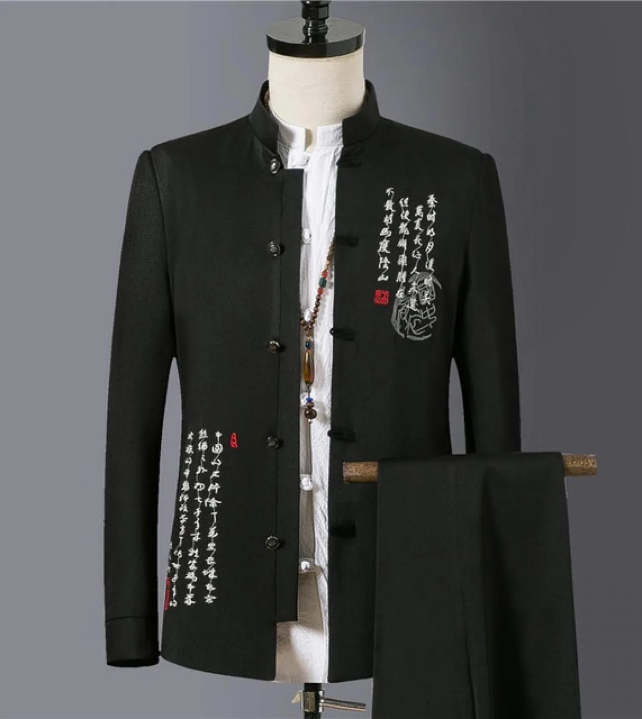 2 Pcs Set Cappotto Cappotto Pantaloni  2022 Moda Uomo Casual Boutique Lino Stile Cinese Colletto Stand Lettera Ricamo Abito T