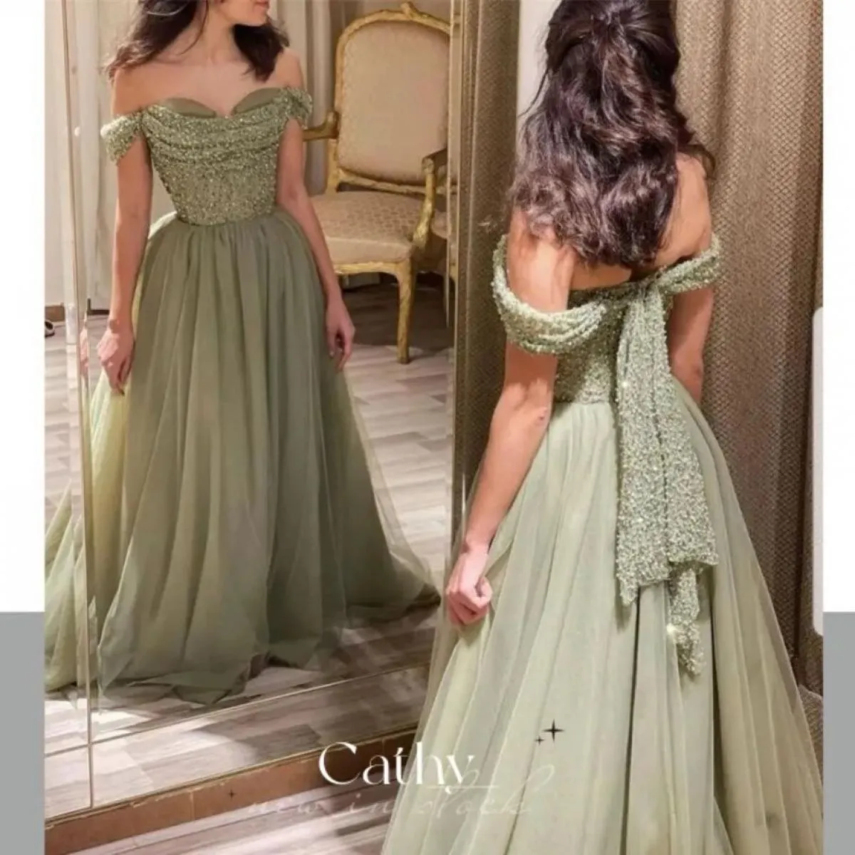 Abito da ballo verde con spalle Abito da sera da principessa verde Abiti da sera da principessa verde