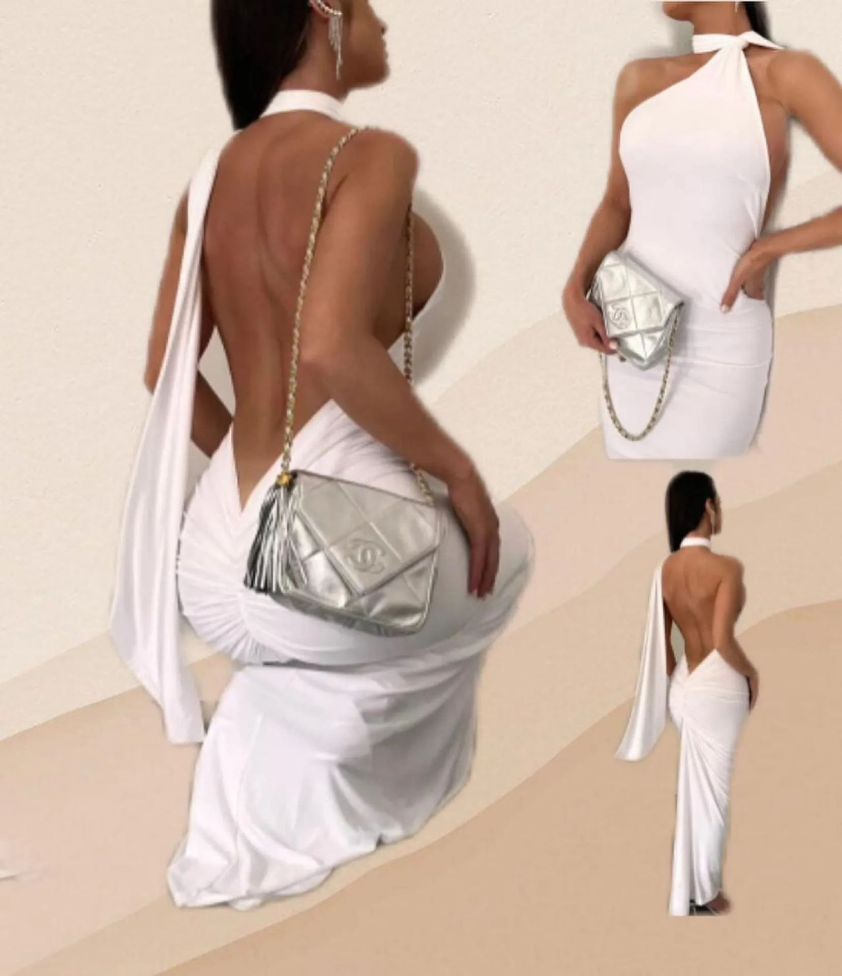 Abito Donna Longuette Aderente Schiena Scoperta Sciarpa Elegante Sexy