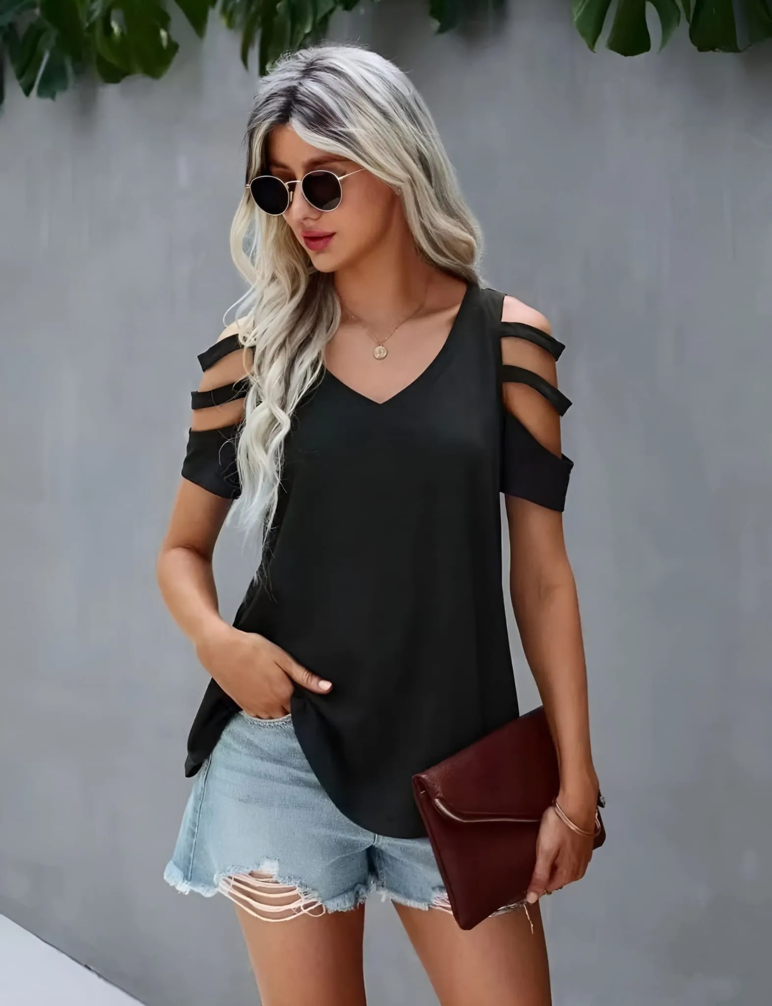 Blusa Donna Morbida Mezza Manica Cut Out Casual Easy Comoda