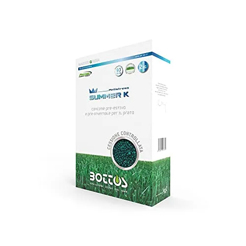 Bottos SUMMER K, Concime Fertilizzante pre-estivo e pre-invernale per Tappeto erboso, Antistress efficace per il prato(dose per 
