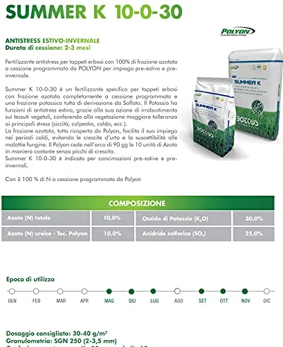 Bottos SUMMER K, Concime Fertilizzante pre-estivo e pre-invernale per Tappeto erboso, Antistress efficace per il prato(dose per 