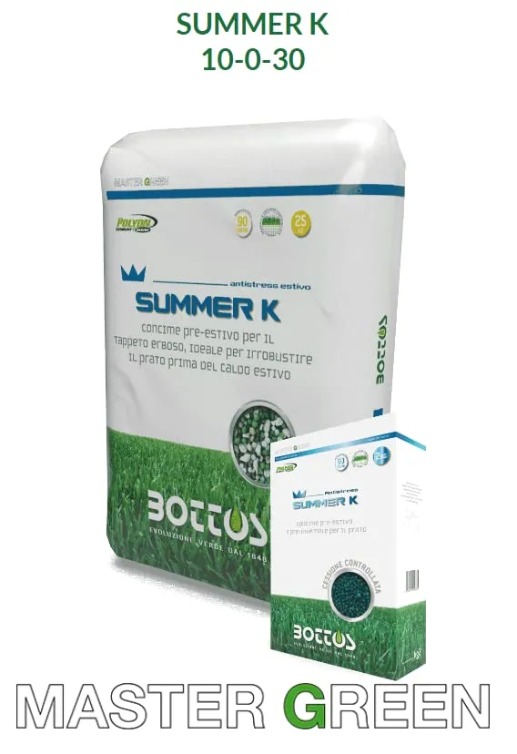 Bottos SUMMER K, Concime Fertilizzante pre-estivo e pre-invernale per Tappeto erboso, Antistress efficace per il prato(dose per 