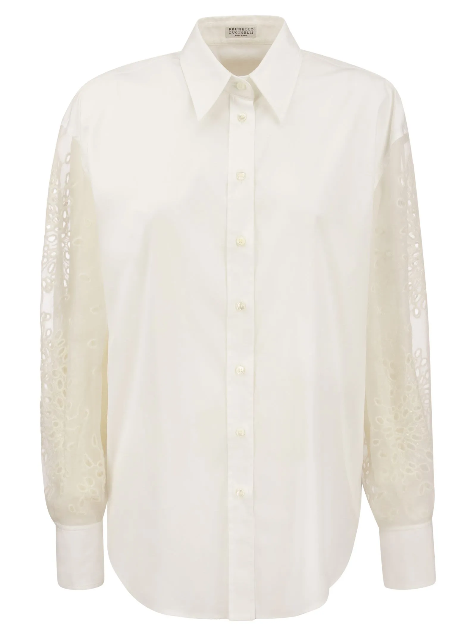 Camicia in popeline di cotone stretch con manica Broderie Anglaise in seta Crispy