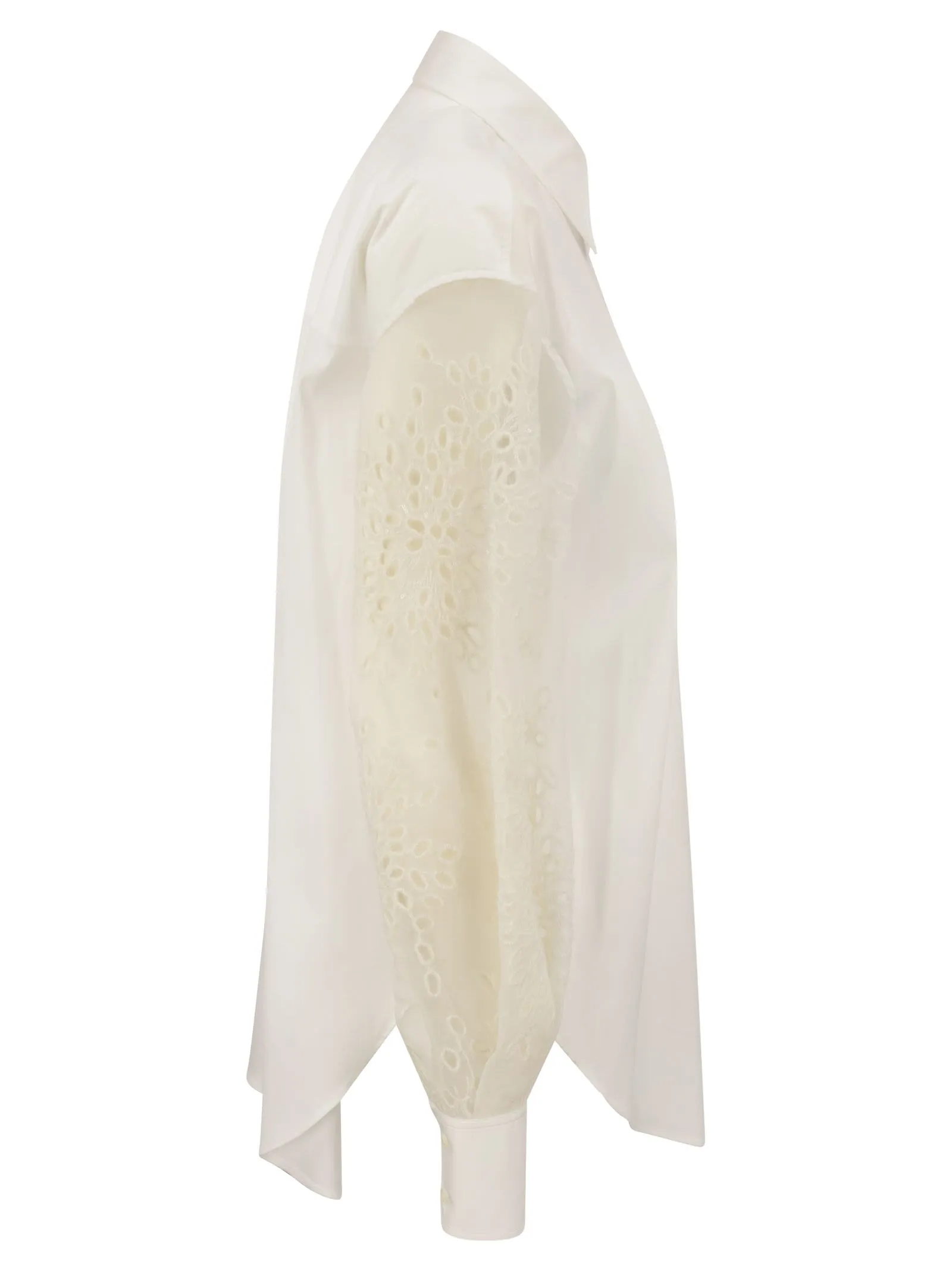 Camicia in popeline di cotone stretch con manica Broderie Anglaise in seta Crispy