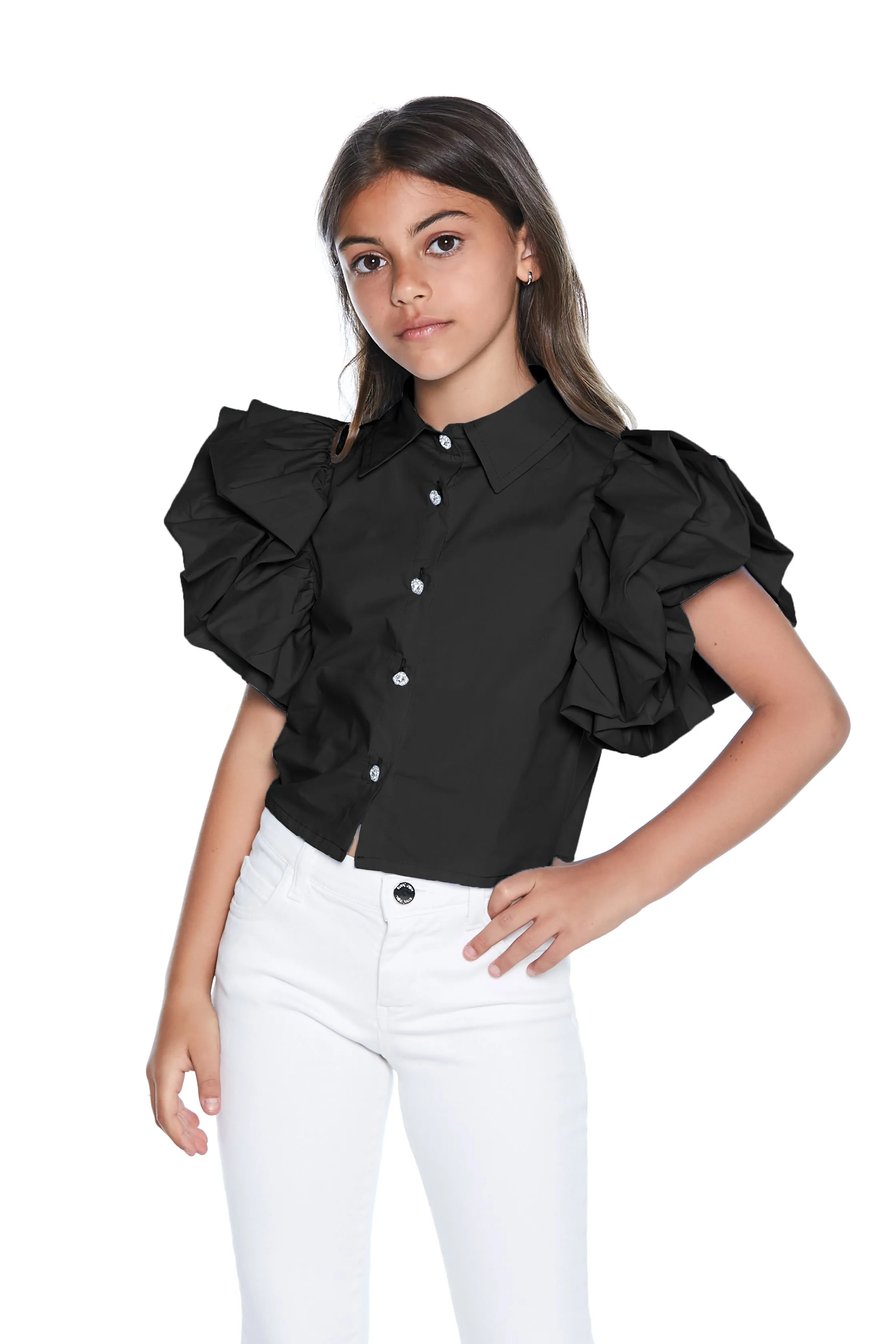 Camicia SBUFF corta mezza manica volant con bottoncini gioiello