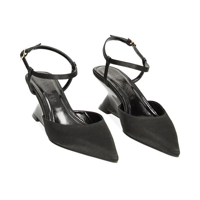 Décolleté slingback nere in raso, zeppa 6,1 cm