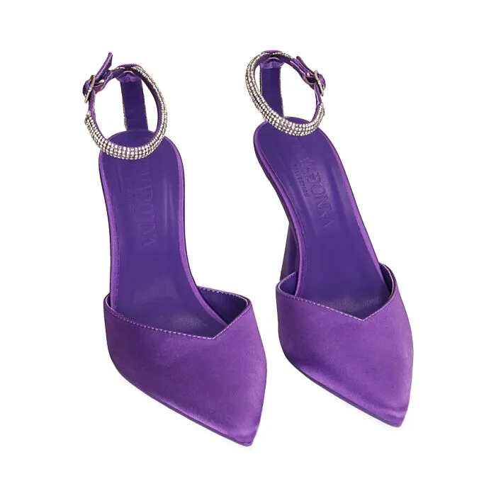Décolleté slingback viola in raso, tacco 9,5 cm