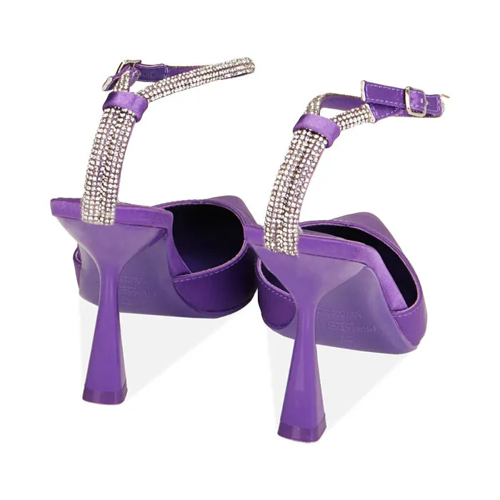 Décolleté slingback viola in raso, tacco 9,5 cm