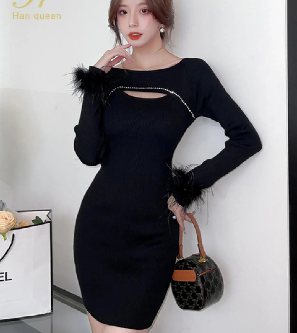 H Han Queen Abiti autunnali vintage Abito a tubino lavorato a maglia da donna Elegante diamante in piuma Vesti da ufficio aderen