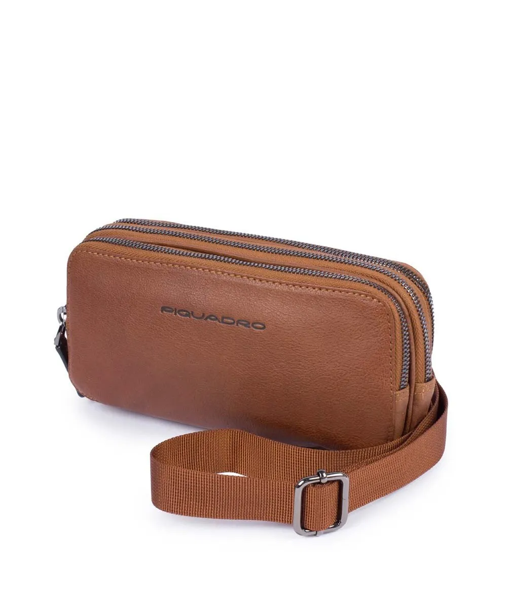 Piquadro Black Square pochette a mano, 3 scomparti, pelle cuoio tabacco