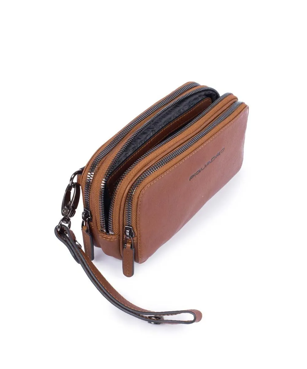 Piquadro Black Square pochette a mano, 3 scomparti, pelle cuoio tabacco