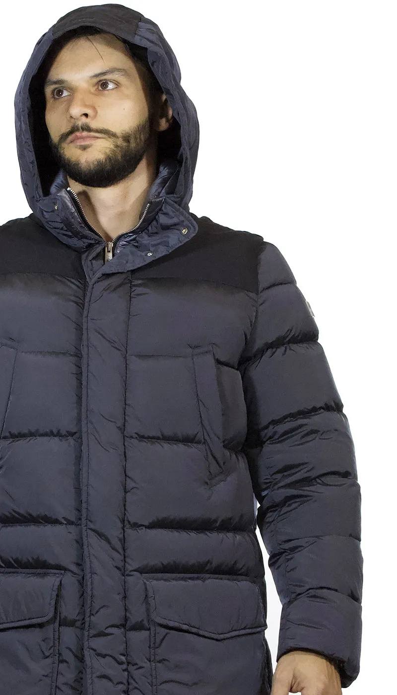 Piumino lungo uomo Add grigio imbottito di piuma d'oca con cappuccio.