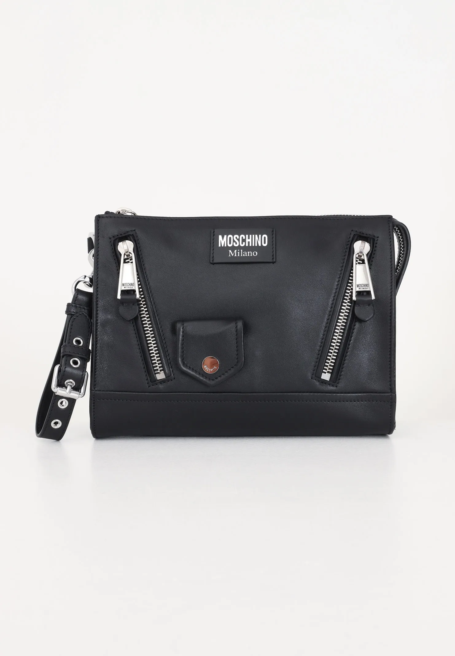 Pochette nera donna uomo in pelle con elemento cerniera e taschino