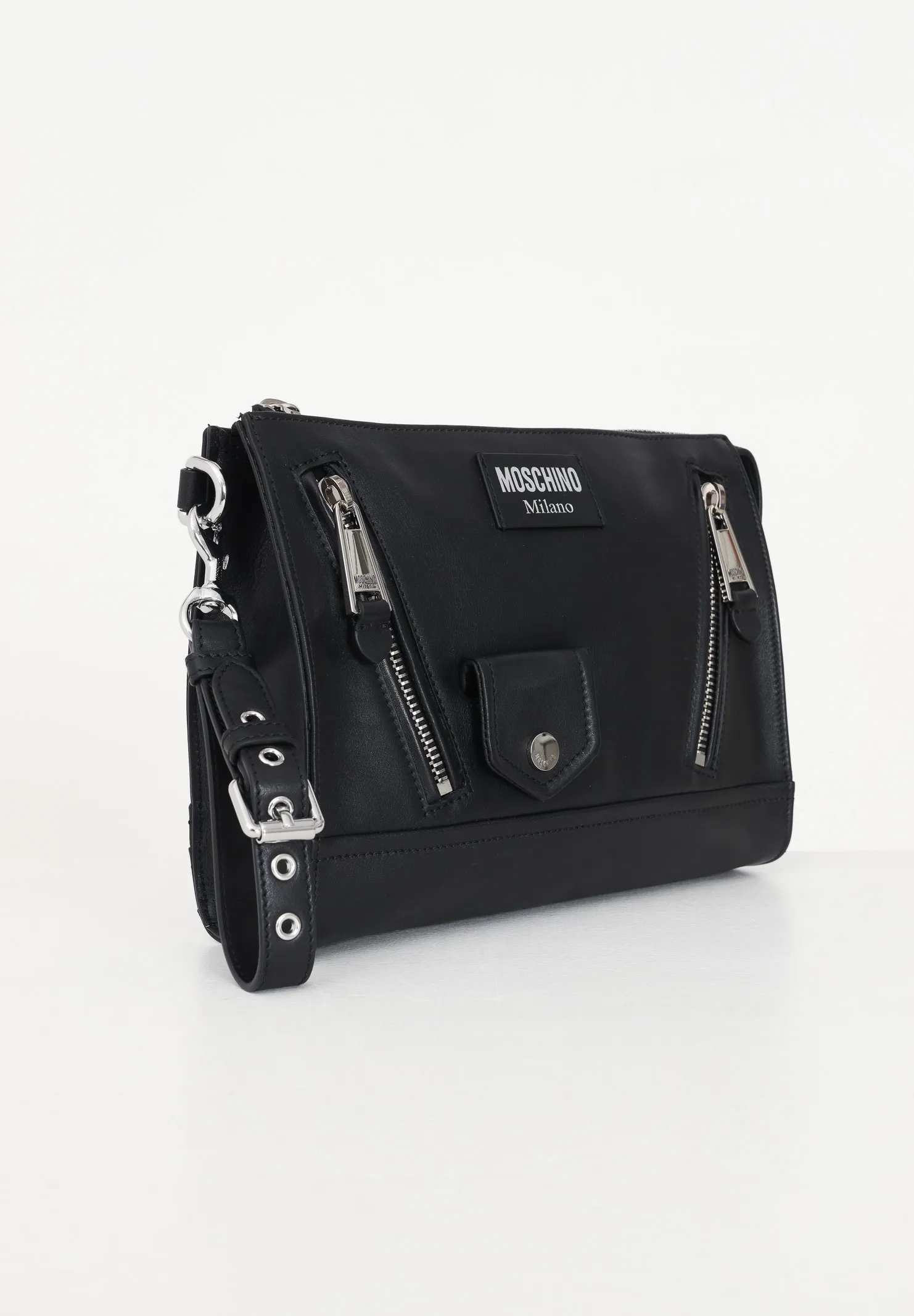 Pochette nera donna uomo in pelle con elemento cerniera e taschino