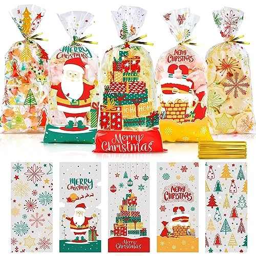 Sacchetti Trasparenti per Confezioni 100pcs, Buste Biscotti Natale Sacchettini Alimentari Natalizi, Bustine Trasparenti Cellopha