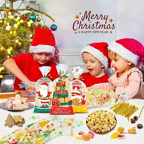 Sacchetti Trasparenti per Confezioni 100pcs, Buste Biscotti Natale Sacchettini Alimentari Natalizi, Bustine Trasparenti Cellopha