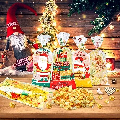 Sacchetti Trasparenti per Confezioni 100pcs, Buste Biscotti Natale Sacchettini Alimentari Natalizi, Bustine Trasparenti Cellopha