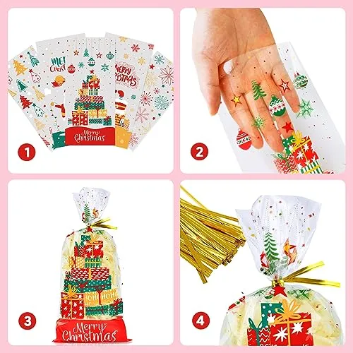 Sacchetti Trasparenti per Confezioni 100pcs, Buste Biscotti Natale Sacchettini Alimentari Natalizi, Bustine Trasparenti Cellopha