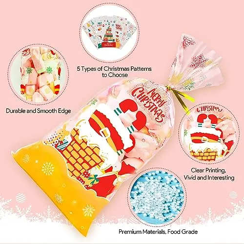 Sacchetti Trasparenti per Confezioni 100pcs, Buste Biscotti Natale Sacchettini Alimentari Natalizi, Bustine Trasparenti Cellopha
