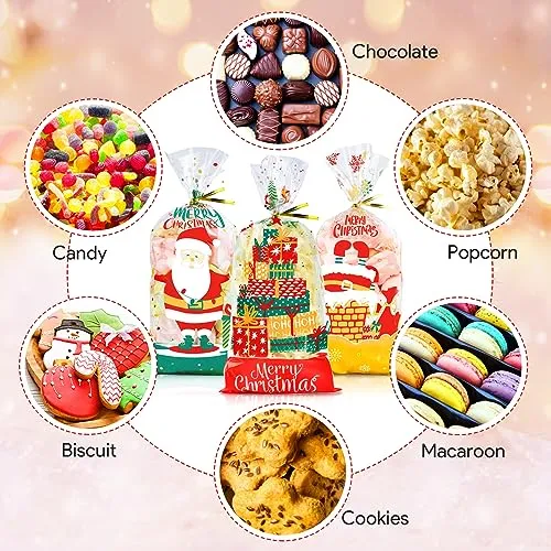 Sacchetti Trasparenti per Confezioni 100pcs, Buste Biscotti Natale Sacchettini Alimentari Natalizi, Bustine Trasparenti Cellopha