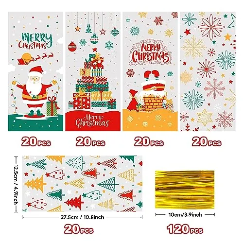 Sacchetti Trasparenti per Confezioni 100pcs, Buste Biscotti Natale Sacchettini Alimentari Natalizi, Bustine Trasparenti Cellopha