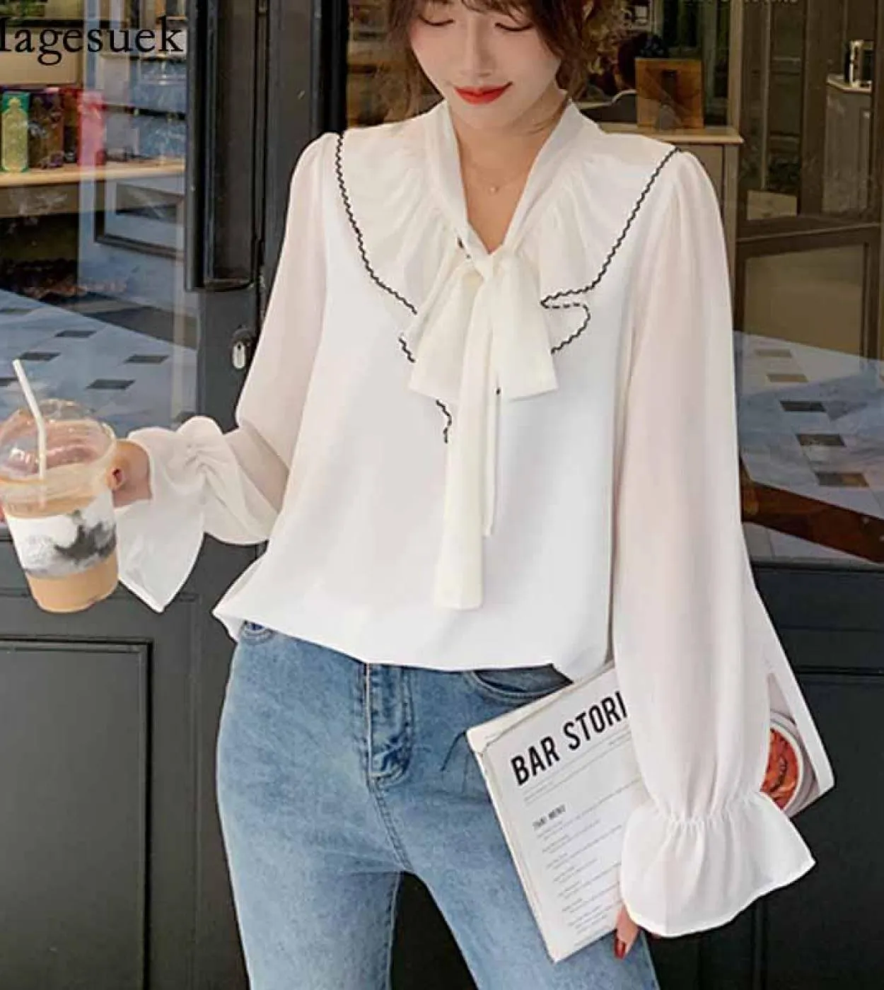 Solido Fiocco Bianco Camicette di Chiffon Dolce Magliette Allentate Flare Maglie A Maniche Lunghe Donna Autunno Femminile Ropa D