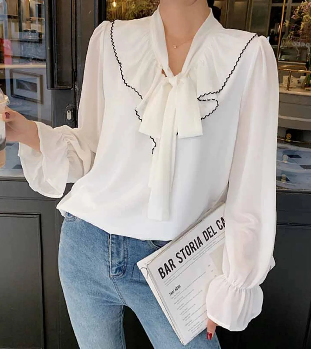 Solido Fiocco Bianco Camicette di Chiffon Dolce Magliette Allentate Flare Maglie A Maniche Lunghe Donna Autunno Femminile Ropa D