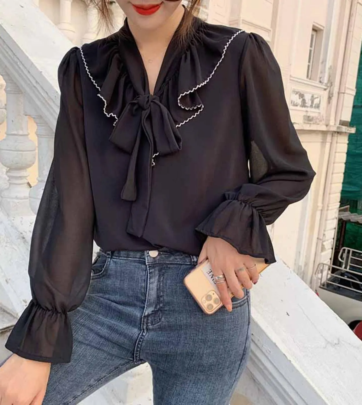 Solido Fiocco Bianco Camicette di Chiffon Dolce Magliette Allentate Flare Maglie A Maniche Lunghe Donna Autunno Femminile Ropa D