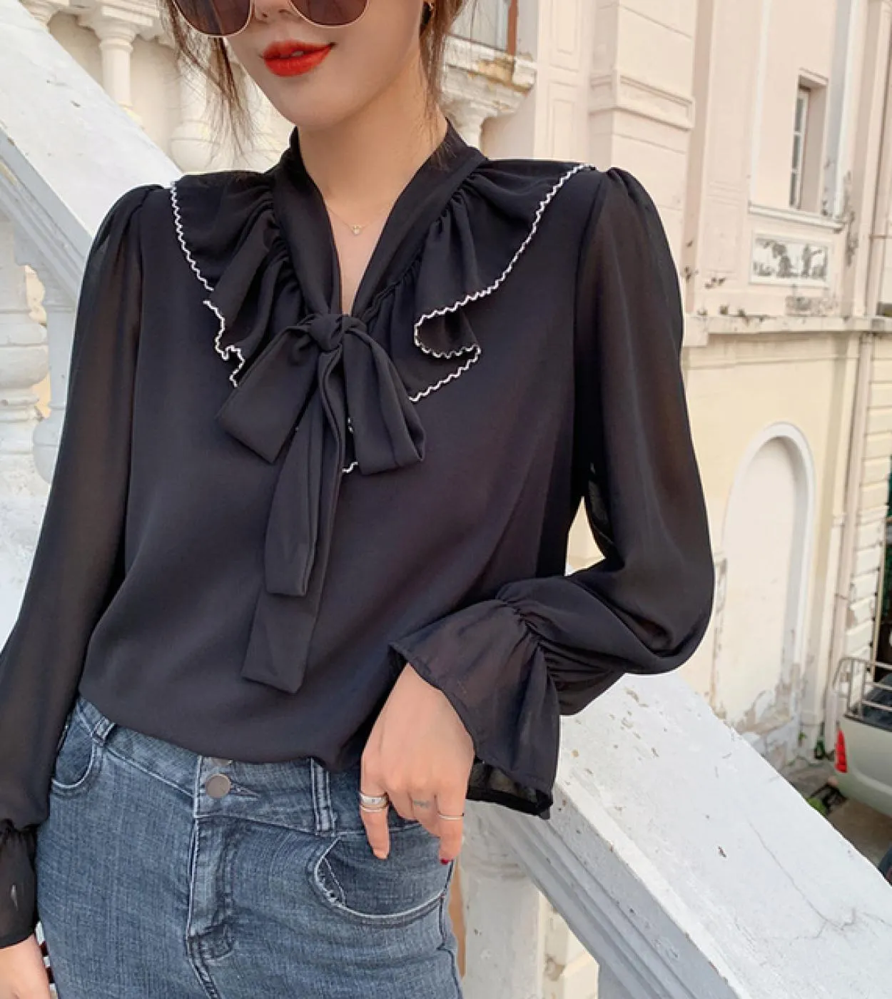 Solido Fiocco Bianco Camicette di Chiffon Dolce Magliette Allentate Flare Maglie A Maniche Lunghe Donna Autunno Femminile Ropa D