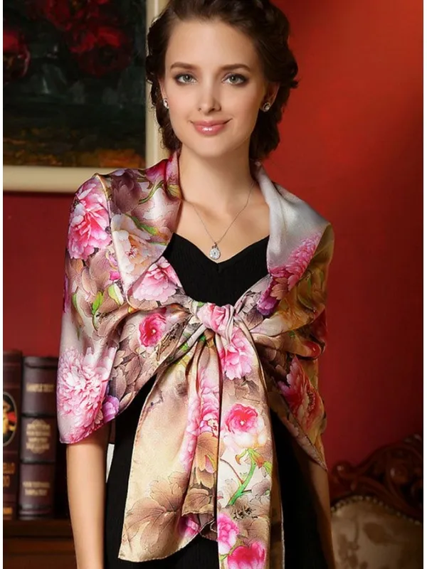 Stola in pura Seta 100% colorata con rose e sfumature beige